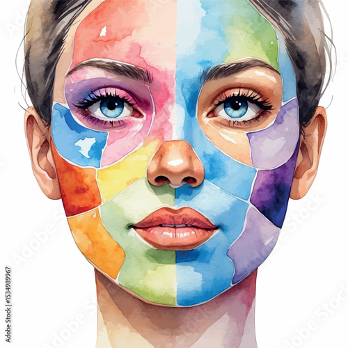 Woman’s face with colorful facial masks – watercolor vector for skincare