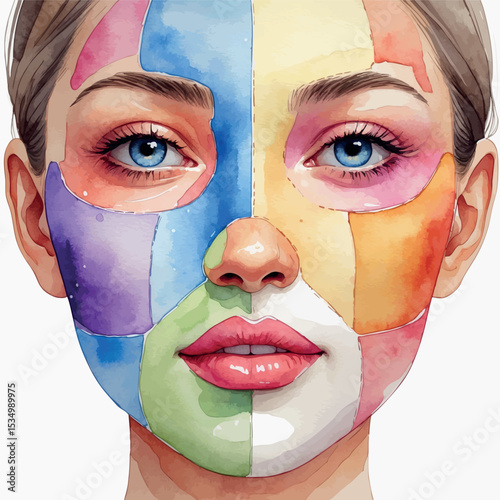 Woman’s face with colorful facial masks – watercolor vector for skincare