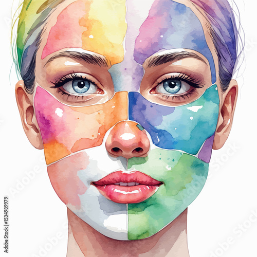 Woman’s face with colorful facial masks – watercolor vector for skincare