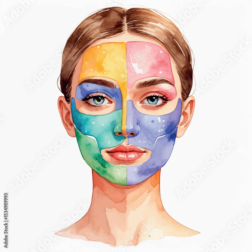 Woman’s face with colorful facial masks – watercolor vector for skincare