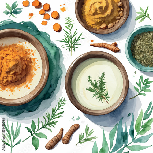 Ayurvedic body scrub ingredients – watercolor vector illustration