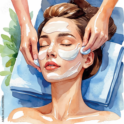 Watercolor vector of woman on spa table receiving facial cream treatment