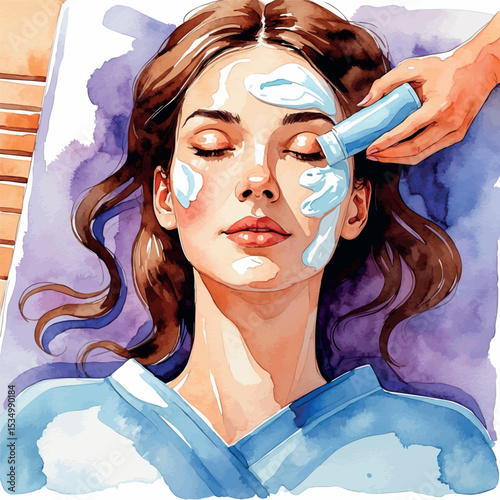 Watercolor vector of woman on spa table receiving facial cream treatment