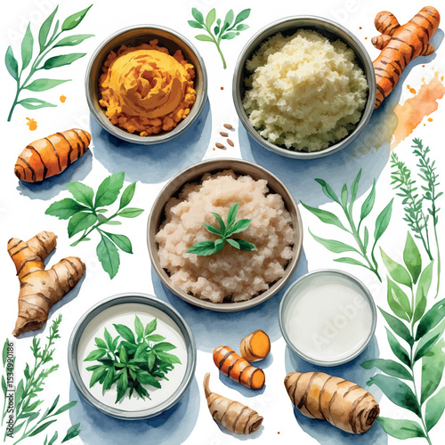 Ayurvedic body scrub ingredients – watercolor vector illustration