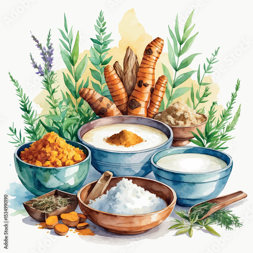 Ayurvedic body scrub ingredients – watercolor vector illustration