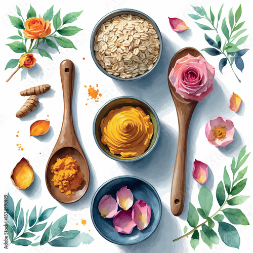DIY zero waste skincare – watercolor vector with natural ingredients and wooden tools