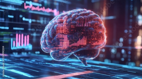Tech finance concept, AI brain with data charts, 3D illustration. 