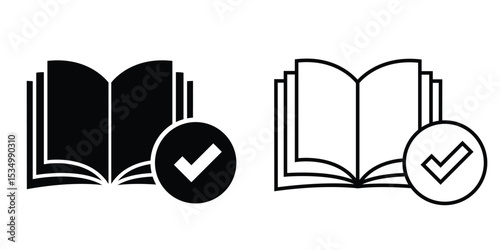 Open book icon with check mark symbol representing knowledge validation and achievements in a minimalist style