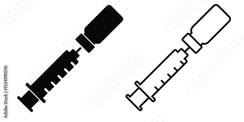 Icon of a syringe and vial displayed in black and white, representing health and medical themes for various applications