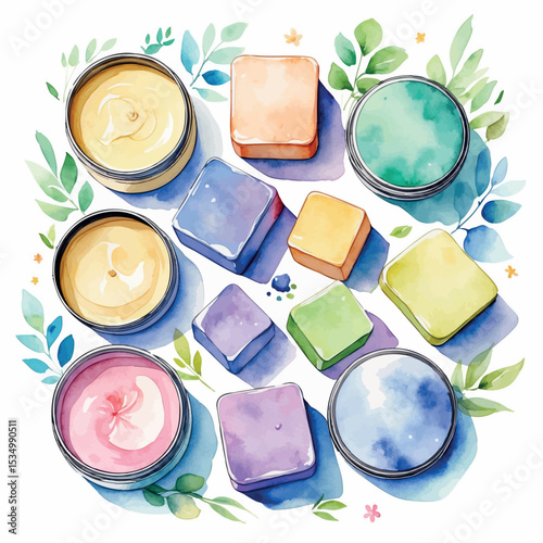 Solid skincare products – watercolor vector with plastic-free zero waste concept