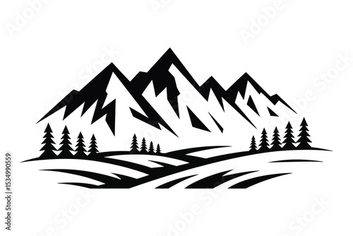 Black and White Mountain Landscape Vector with Pine Trees and Hills ? Minimal Outdoor Nature Silhouette Design for Logos, Stickers, and Prints
