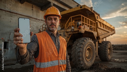Construction Worker Showing Blank Smartphone Screen Near Heavy Machinery
