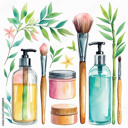 Zero waste beauty products – watercolor vector with eco-friendly packaging