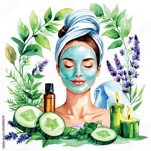 Spa skincare ritual – watercolor vector with facial mask and aromatherapy