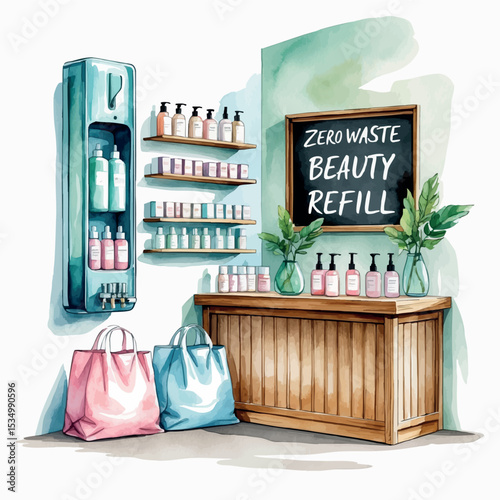 Zero waste refill shop – watercolor vector with beauty dispenser corner design