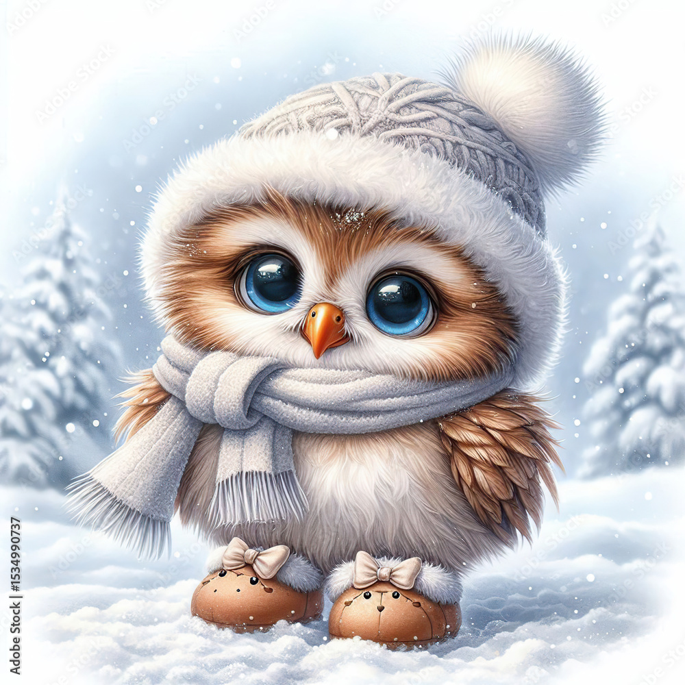 Obraz premium Owl with big eyes, in a hat and scarf, winter, good mood