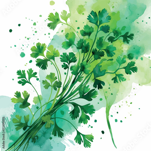 Whimsical Cilantro and Parsley Watercolor Art. Abstract Green Herbs Kitchen Illustration.