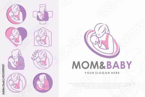 Mother and baby icon set logo. Mom holding her child in her arms , vector illustration