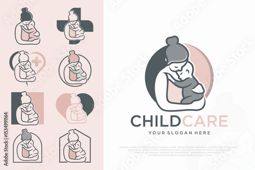 Mother and baby icon set logo. Mom holding her child in her arms , vector illustration