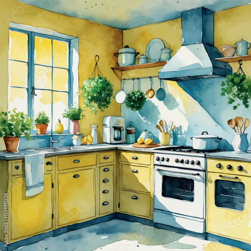 Whimsical Vintage Kitchen Watercolor Art. Nostalgic Home Interior with Herbs and Sunlight.