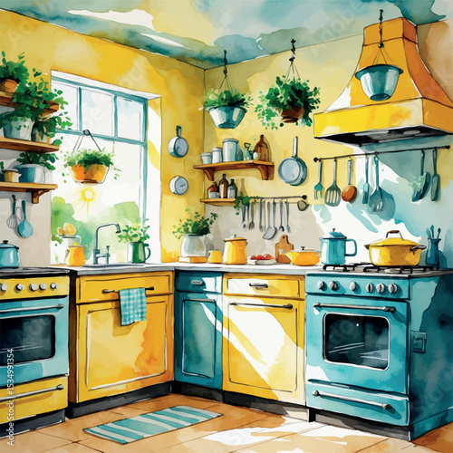 Whimsical Vintage Kitchen Watercolor Art. Nostalgic Home Interior with Herbs and Sunlight.