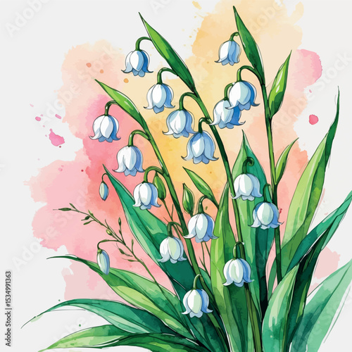Whimsical Watercolor Lily of the Valley with Outline - Romantic Spring Floral Botanical Illustration
