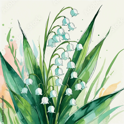Whimsical Watercolor Lily of the Valley with Outline - Romantic Spring Floral Botanical Illustration