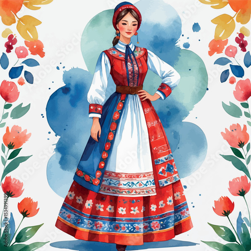 Watercolor woman in traditional folk dress standing in cultural attire