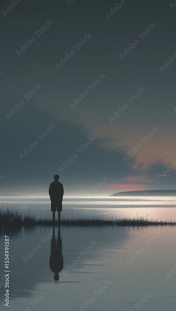 A person's silhouette stands on a calm lake at dusk, with a misty forest and soft sunset hues in the background. A person's silhouette stands on a calm lake at dusk, with a misty forest and soft sunset hues in the background.