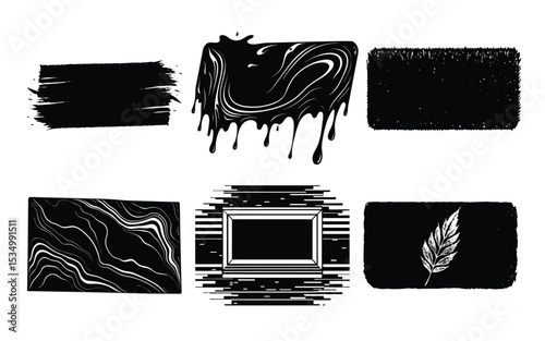 set of black and white vector Chinese ink wash rectangle with flying white strokes on white background