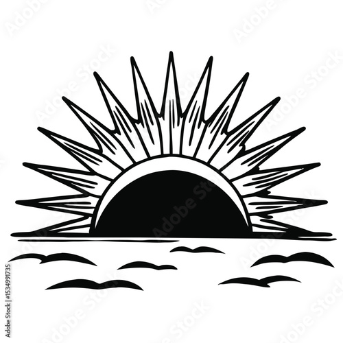 Stylized graphic illustration of a radiant sun rising or setting over a serene horizon with abstract clouds