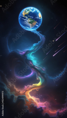 Earth floats in space, connected to vibrant, colorful nebula clouds, with shooting stars streaking nearby.