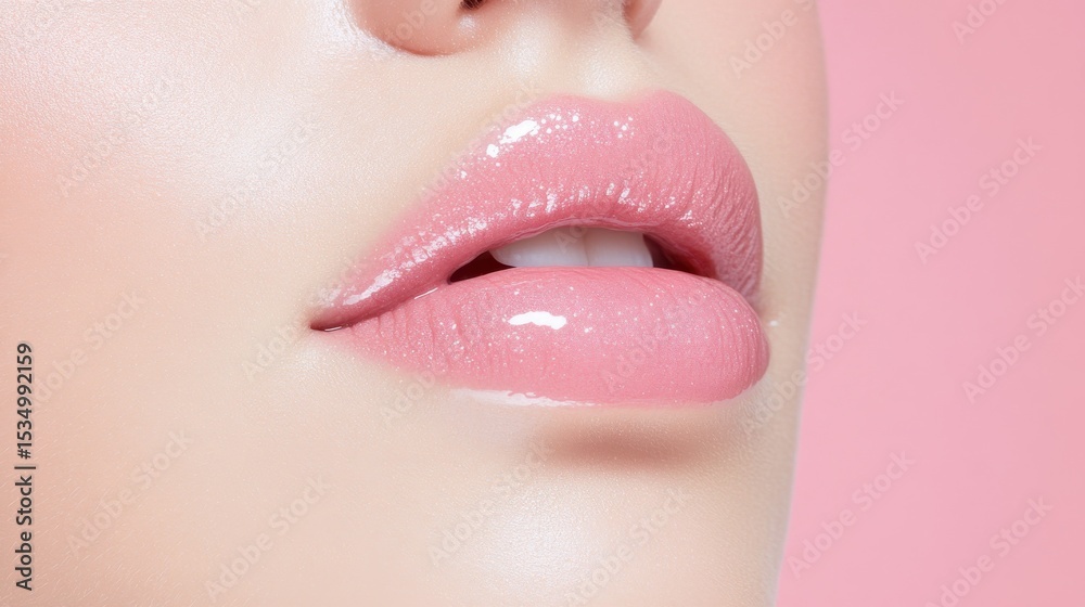 Obraz premium Sensual Lips: A close-up of luscious, inviting lips, perfectly enhanced with a soft pink gloss. The epitome of beauty and allure, creating a captivating visual.