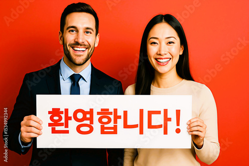 business people holding welcoming sign