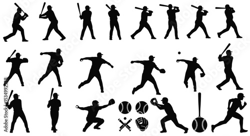 Various Silhouette Images of Baseball Players in Action Illustrating Different Movements