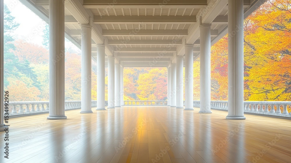 Fototapeta premium A grand colonnaded hall with autumn foliage.