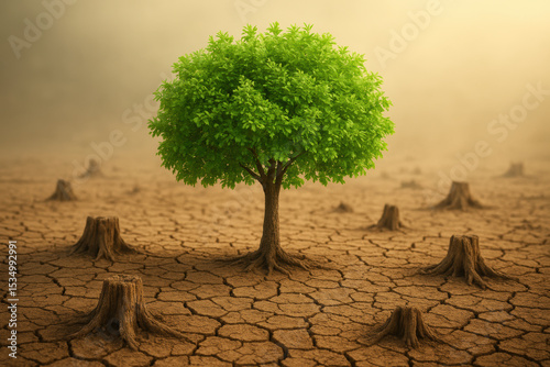 Vibrant green tree thriving on cracked dry ground surrounded by tree stumps, symbolizing environmental hope and deforestation impact