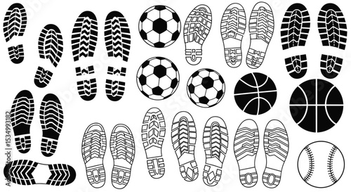 Diverse collection of shoe prints and a set of sporting balls