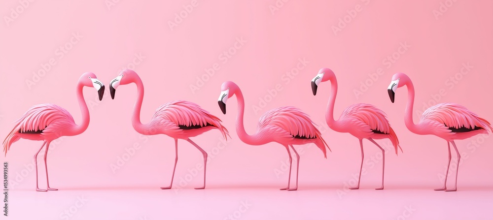 Fototapeta premium A Row of Five Graceful Pink Flamingos Standing on a Solid Pink Background, with Two Birds Forming a Heart Shape, Symbolizing Love, Unity, and Elegant Simplicity in Design.