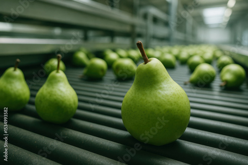 Fresh green pears on conveyor belt in fruit processing plant