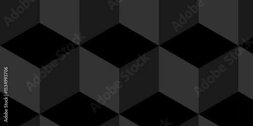 Abstract cube geometric tile and mosaic wall or grid backdrop technology wallpaper black cubic background. Seamless geometric pattern square and diamond cubic shapes repeat surface art mosaic design.