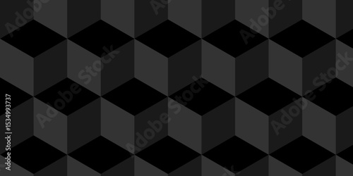 Abstract cube geometric tile and mosaic wall or grid backdrop technology wallpaper black cubic background. Seamless geometric pattern square and diamond cubic shapes repeat surface art mosaic design.