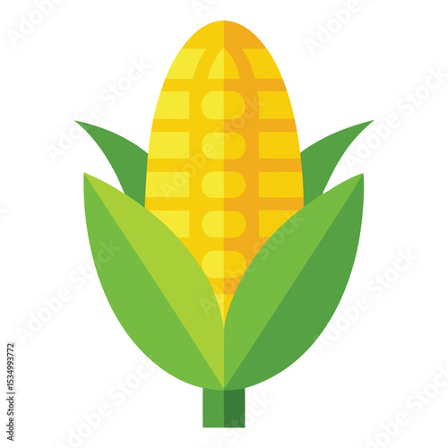 Vibrant yellow corn on the cob with green leaves icon, a flat design vector for agriculture or food concepts