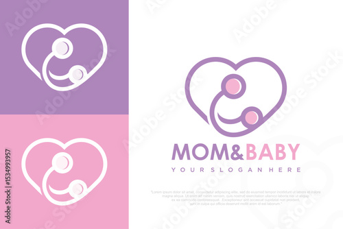 Mother and baby Heart shape Logo design . Medicine Clinic Care Logotype . vector illustration