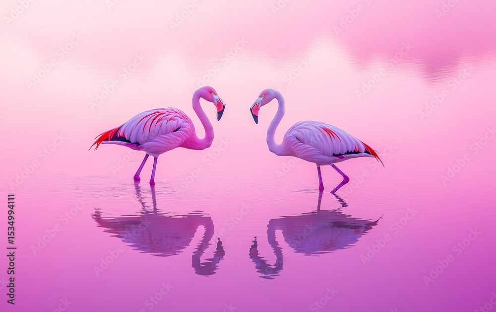 Obraz premium Two Elegant Pink Flamingos Standing in Shimmering Pink Water with Sparkle Effects and Reflections, Evoking a Magical, Dreamlike Scene of Love, Romance, and Tranquil Nature.