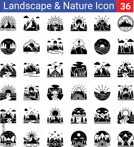 Monochrome Vector Icons of Stylized Landscapes and Nature Elements