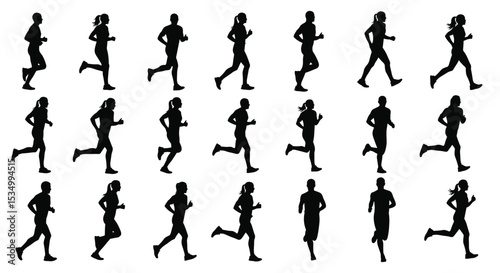 Runners Silhouettes Set of Diverse People Running Marathon Training Sport
