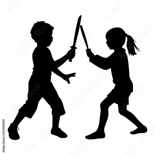 Set of child fighting full black silhouette vector illustration design