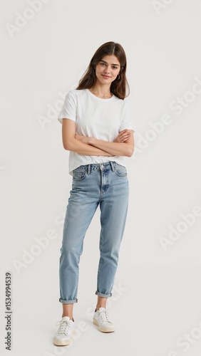 Full length of confident British girl smiling in a casual outfit in a white tshirt and jeans standing with her arm and leg crossed on plain white background