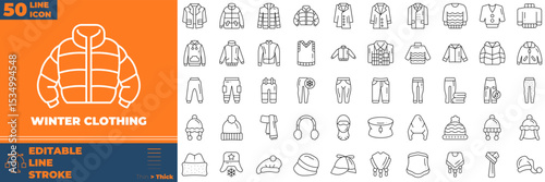 Winter Clothing Line Editable Icons set. Vector illustration in modern thin line style of winter clothing icons: cloth, jacket, scarf, etc